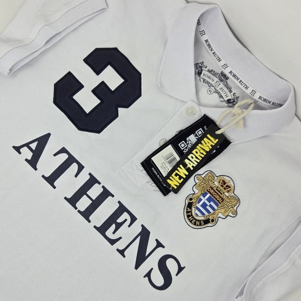NEW Robin Ruth Polo Shirt Mens XL‎ White Athens Crest Embroidered Number 3 Logo
